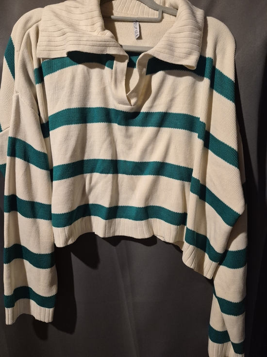 natural love Sweaters - Cropped Striped Polo Sweater - Cream & Teal